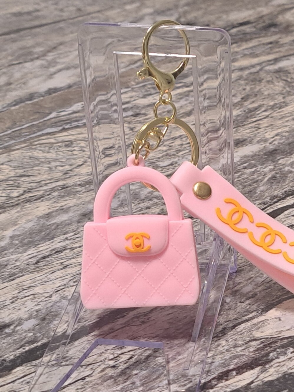 Fashion Quilted Handbag Bag Charm/ Keychain with Logo Strap - Picture 2 of 4